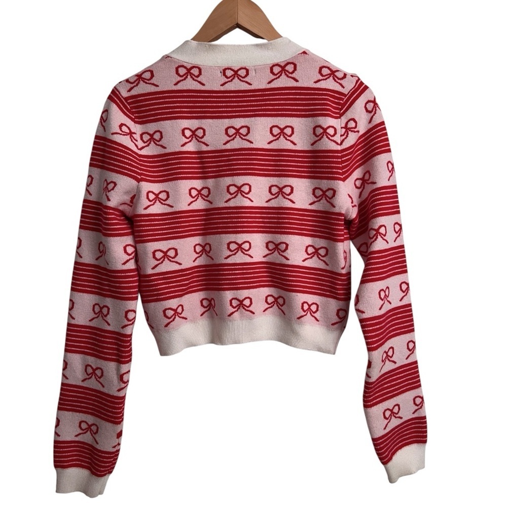 Forever 21 Coquette Striped Bow Ivory Red Knit Cardigan Sweater Size Medium - Picture 6 of 8
